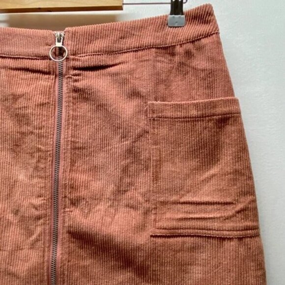 ee:some Women's Mini Skirt Large Burnt Orange Corduroy Pockets Full Front Zipper - Picture 3 of 15